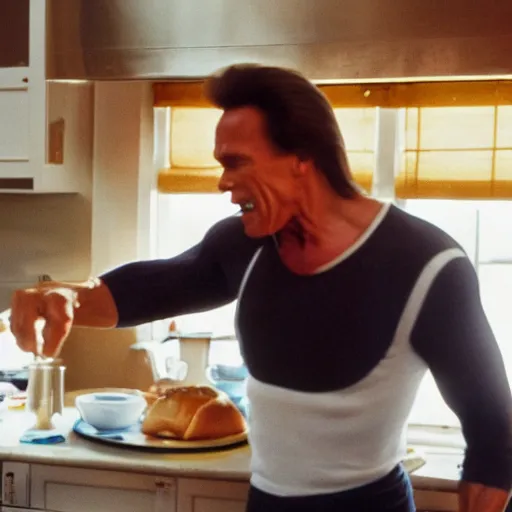 Prompt: A hyper realistic photo of Arnold Schwarzenegger throwing a fit while making breakfast in the kitchen, taken with a Canon EOS 5D.