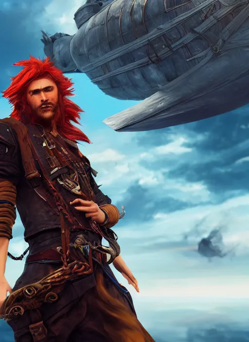 Image similar to an epic fantasy comic book style portrait painting of a long haired, red headed male sky - pirate in front of an airship, unreal 5, daz, hyperrealistic, octane render, cosplay, rpg portrait, dynamic lighting, in the style of final fantasy