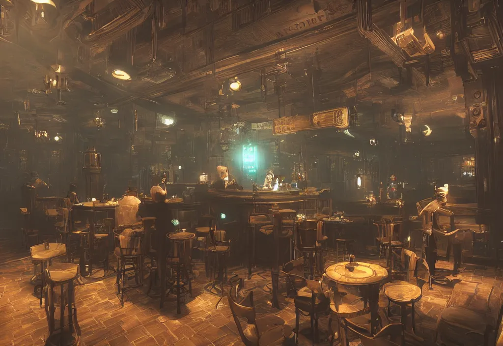 Image similar to In the world of rapture from the world of bioshock you are in a bar, there is a window that lets you see the whole city underwater and you are drinking a rum and coke, there are masks on the tables, there is a band playing in the corner