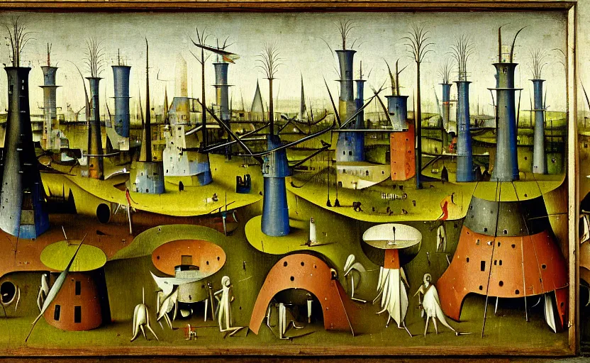 Prompt: geometric painting of industrial buildings surrounded by undergrowth by hieronymus bosch