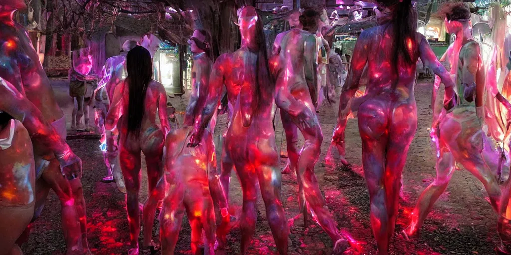 Prompt: love, translucent people with glowing body paint, from behind, rebirth, wide angle, cinematic atmosphere, elaborate, highly detailed, dramatic lighting