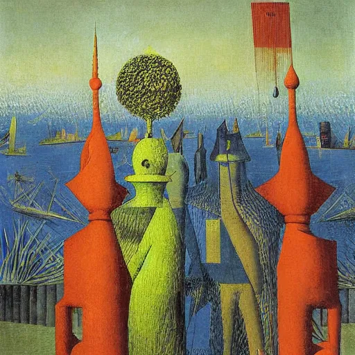 Image similar to nuremberrg, painting by by max ernst, colour