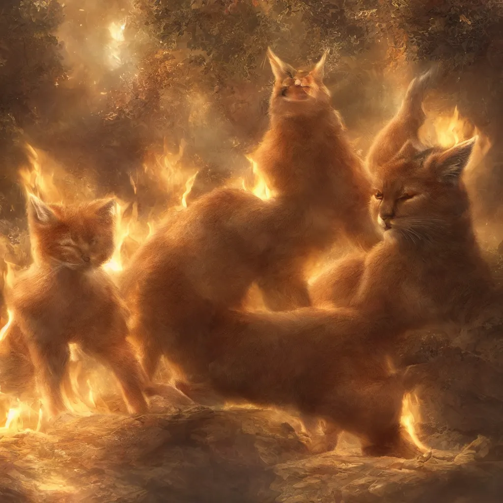 Image similar to many cute fluffy caracals, fire, magic, fantasy epic legends stylized digital illustration radiating a glowing aura global illumination ray tracing hdr fanart arstation, 8 k