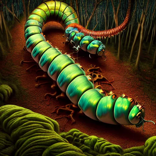 Prompt: Colour Caravaggio style photography of steampunk caterpillar in the forest, higly detailed caterpillar designed by Josan Gonzalez, many details, In style of Josan Gonzalez and Mike Winkelmann andgreg rutkowski and alphonse muchaand Caspar David Friedrich and Stephen Hickman and James Gurney and Hiromasa Ogura. Rendered in Blender, volumetric natural light