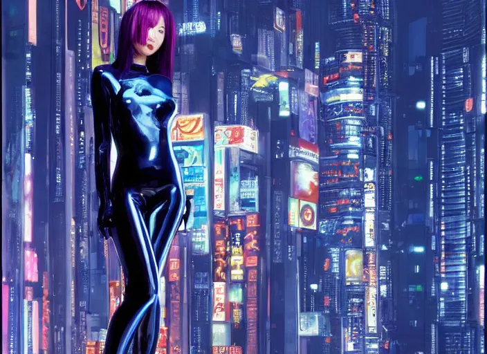 Image similar to cyberpunk japanese women with black eyes and pretty face wearing latex catsuit and lots of transparent and cellophane accessories, blue hour, crisp, painting by moebius and mayumi hosokura