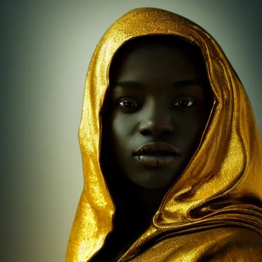 Prompt: a portrait of a young black woman wearing a long dark cloak, hood and shadows covering face, holding golden jewelry, oil painting, matte painting, black background, Volumetric Golden dappled dynamic lighting, Highly Detailed, Cinematic Lighting, Unreal Engine, 8k, HD, by Beksinski