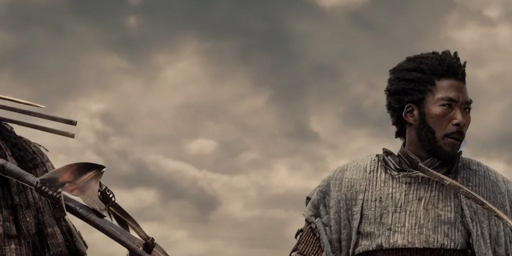Image similar to a film still of a black man starring in a japanese blockbuster film as samurai on fire, shallow depth of field, cinematic, award winning cgi, vfx, film still