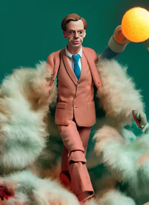 Image similar to product photography of a claymation action figure fluffy neon oled steve buscemi, depth of field, zeiss lens, detailed, centered, by erwin olaf, joop geesink, wes anderson, breathtaking, 8 k resolution, extremely detailed, beautiful, establishing shot, realistic materials, hyperrealistic