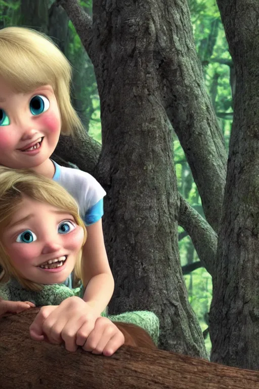 Image similar to young seven year old, blond hair green eyes ; girl, rinding a gray wolf, in a dark forest, pixar