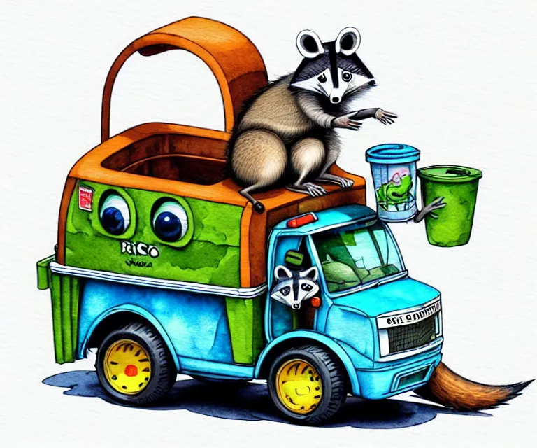 Image similar to cute and funny, racoon driving a tiny garbage truck, ratfink style by ed roth, centered award winning watercolor pen illustration, isometric illustration by chihiro iwasaki, edited by craola, tiny details by artgerm and watercolor girl, symmetrically isometrically centered