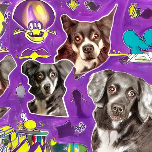 Image similar to an anamorphic of purple dog, in the style of disney, mixed media collage, highly detailed, 8k resolution
