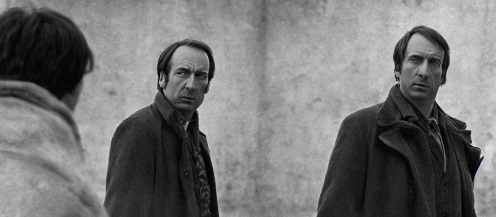 Prompt: A Still of Saul Goodman in an Andrei Tarkovsky film, black and white, gloomy