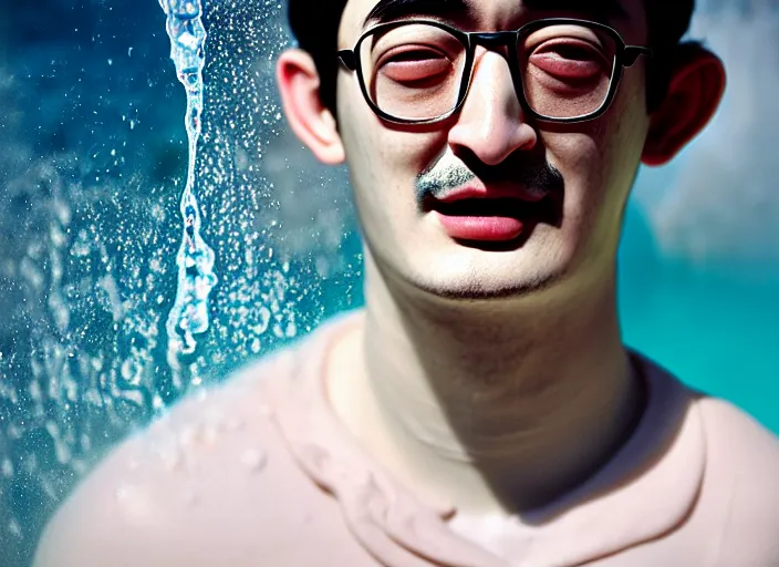 Image similar to Kodak Portra 400, 8K, soft light, volumetric lighting, highly detailed, portrait photo of a Filthy Frank by WLOP, the face emerges from a Pamukkale, thermal waters flowing down white travertine terraces with lotus flowers, inspired by Ophelia paint , blue shirt and hair are intricate with highly detailed realistic beautiful flowers , Realistic, Refined, Highly Detailed, ethereal lighting colors scheme, outdoor fine art photography, Hyper realistic, photo realistic, masterpiece