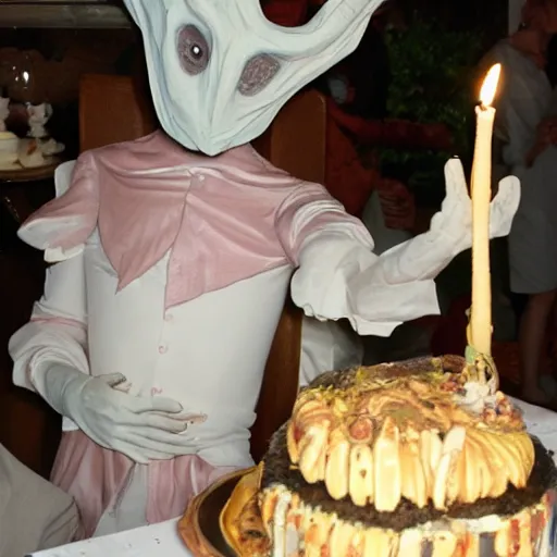 Image similar to the pale man from pan's labyrinth at a birthday party