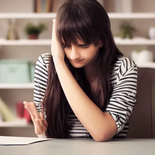 Prompt: girl with elbow on a desk and hands dragging back hair on the head sitting on a chair