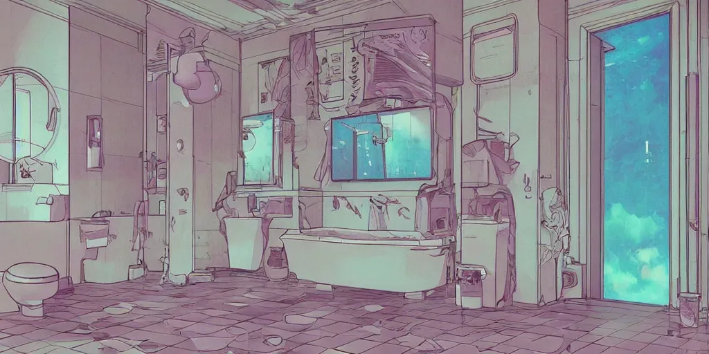 Image similar to bathroom interior, vaporwave, lofi, detailed, loish, trends in artstation by moebius,