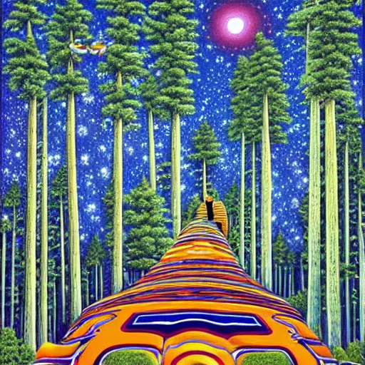 Prompt: psychedelic trippy edmonton oilers pine forest, planets, milky way, sofa, cartoon by rob gonsalves