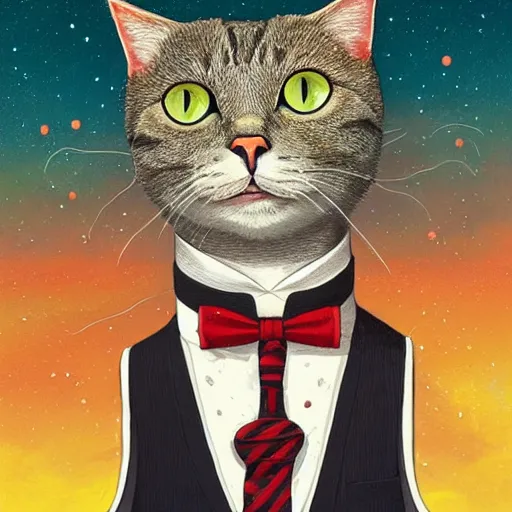 Prompt: portrait illustration of funny brittish cat with big green eyes, in the tuxedo and red tie, space and moon on the background by jeremiah ketner, quint buchholz, wlop, dan mumford