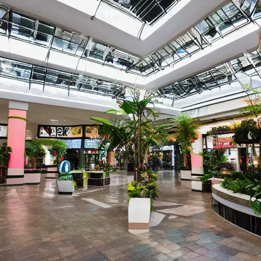 Prompt: overgrown vaporwave 9 0 s mall food court concerted into a sanctuary by cybernetic valentino fashion cult