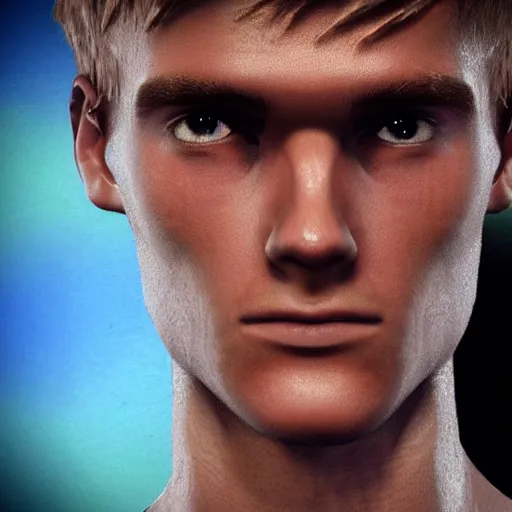 Image similar to a realistic detailed photo of a guy who is an attractive humanoid who is half robot and half humanoid, who is a male android, soccer player martin ødegaard, shiny skin, posing like a statue, blank stare, in a gaming room, on display