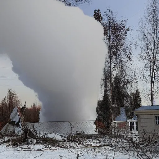 Image similar to a large funnel formed on the territory of the Russian village house in Russia as a result of a rocket hit where people gathered to photograph it