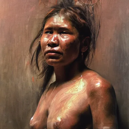 Prompt: high quality high detail painting by jenny saville, hd, full body of a indigenous tribe leader, photorealistic lighting