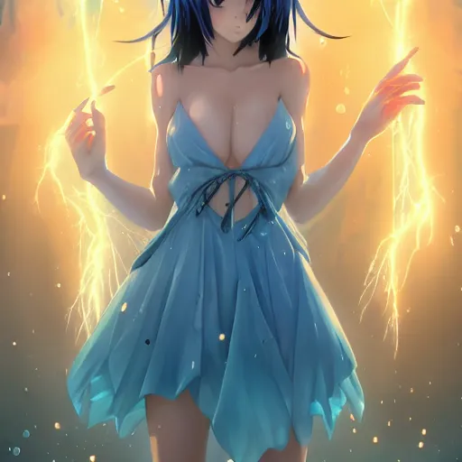 Prompt: a very beautiful anime girl wearing a dress made of water standing in a crystal lake , full body, long black hair, azure blue watery eyes, full round face, seductive stare, cinematic lightning, medium shot, mid-shot, highly detailed, trending on artstation, Unreal Engine 4k, Stanley Artgerm Lau, WLOP, Rossdraws, James Jean, Andrei Riabovitchev, Marc Simonetti, and Sakimichan