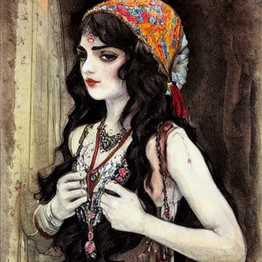 Image similar to gypsy girl, dark hair, art nouveau, jugendstil