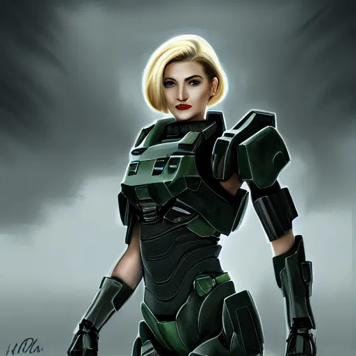 Image similar to A combination of Ada Wong's and Grace Kelly's and Ashley Greene's appearances with blonde hair wearing Master Chief's armor from Halo, high tech, action shot, angular, full body portrait, futuristic, dramatic, fantasy, intricate, elegant, highly detailed, digital painting, artstation, concept art, matte, sharp focus, illustration, 8K, art by Donato Giancola and James Gurney