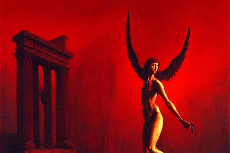 Image similar to only with red, a red angel announce the win, at the gates of a rich renaissance city. inthe background, pathos, in the style of beksinski, part by hopper, part by rodcenko, part by hofbauer, intricate composition, red by caravaggio, insanely quality, highly detailed, masterpiece, red light, artstation