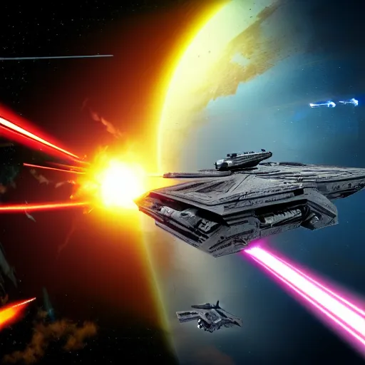 Image similar to Battle between an Imperial Star Destroyer and X-Wing fighters shooting lasers at eachother, the battle takes place inside the atmosphere of a planet