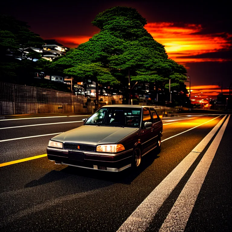 Image similar to close-up-photo JZX90 drift middle of street, sunset kanagawa prefecture, night, cinematic color, photorealistic, highly detailed,