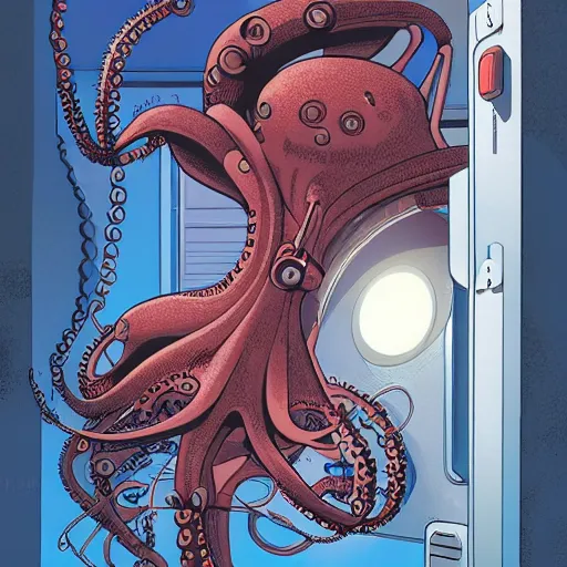 Image similar to robotic Octopus in an airlock, Industrial Scifi, detailed illustration, character portrait, by Martin Grip and Moebius