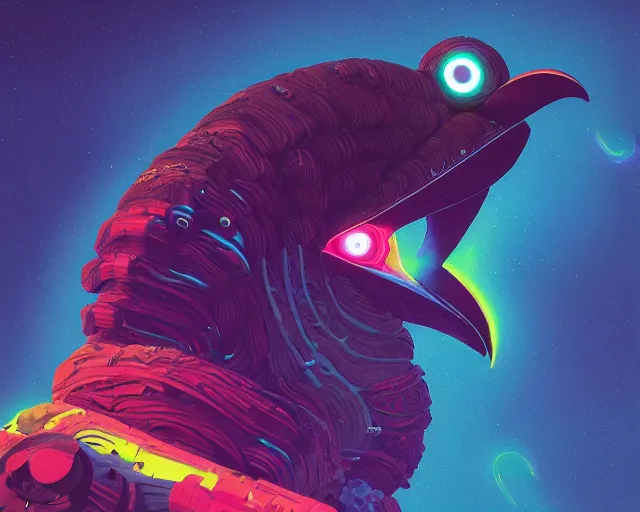 Image similar to tucan on the moon with neon cute giant eyes, intricate abstract. intricate artwork, by tooth wu, wlop, beeple, dan mumford. concept art, octane render, trending on artstation, greg rutkowski very coherent symmetrical artwork. cinematic, key art, hyper realism, high detail, octane render, 8 k, iridescent accents