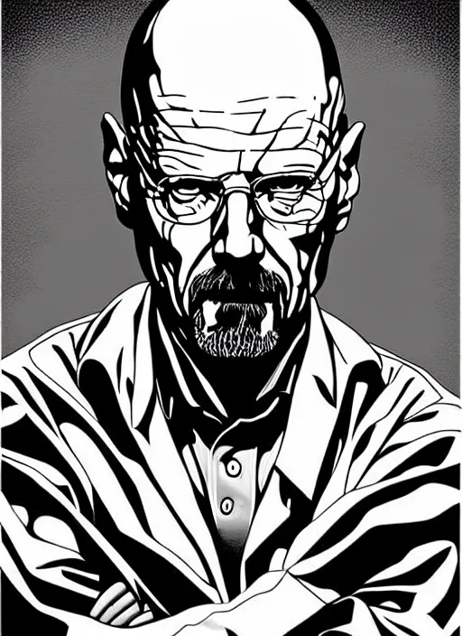 Image similar to highly detailed poster artwork by Michael Whelan and Tomer Hanuka, of Walter White, from scene from Breaking Bad, clean