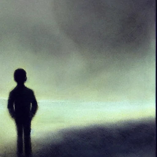 Image similar to atmospheric dreamscape painting of a boy standing on the beach on a foggy day, by moebius and john harris, atmospheric blues, concept art, saturation 40