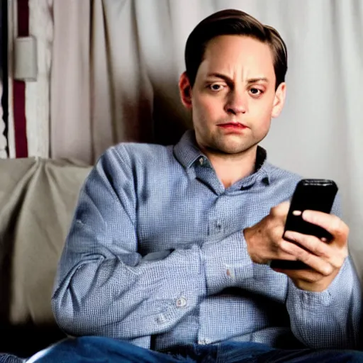 Image similar to tobey maguire texting on his phone inside of his bedroom during a rainy night, cinematic lighting, photorealistic, highly detailed,