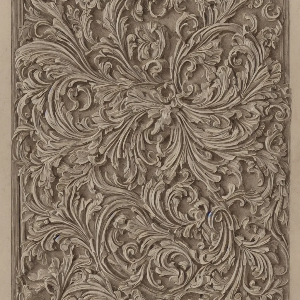 Image similar to a beautiful and masterful engraving decorative ornamental emblem, acanthus, floral, acroteria, arabesque, bead and reel, beams, bocage, cartouche, caulicoli, dentils, eagle, encarpus, rendered in octane