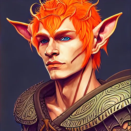 Image similar to portrait painting of an elven eladrin young man with very short light orange hair and tribal tattoos in his cheekbones wearing fur armor, d & d, rpg, sharp focus, award - winning, trending on artstation, masterpiece, highly detailed, intricate. art by josan gonzales and moebius and deathburger