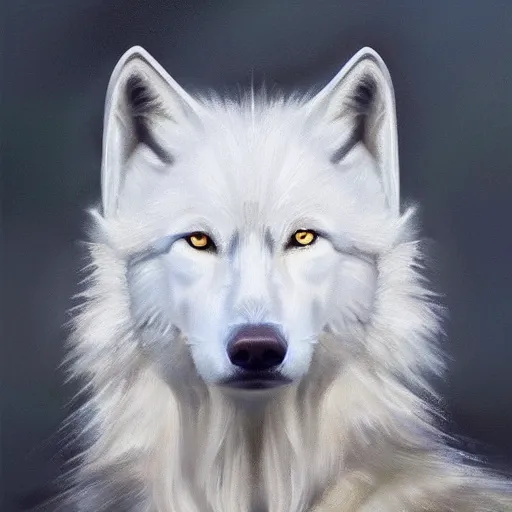 Prompt: A portrait of a white wolf wearing a crown, oil painting, award winning masterpiece, artstation