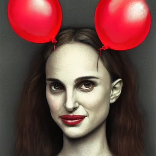 Prompt: surrealism grunge cartoon portrait sketch of natalie portman with a wide smile and a red balloon by - michael karcz, loony toons style, mona lisa style, horror theme, detailed, elegant, intricate