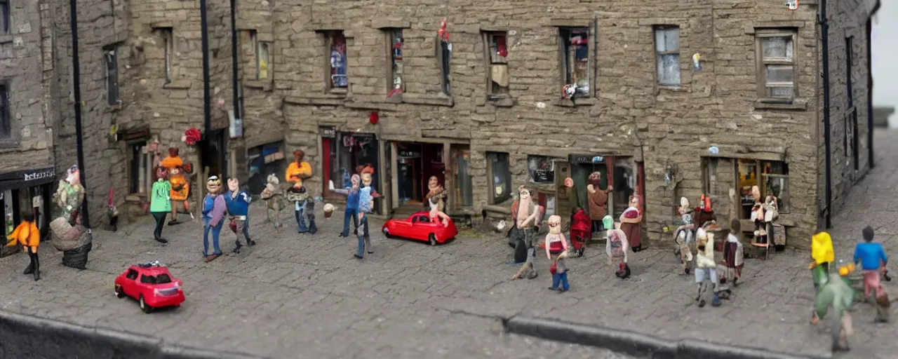 Prompt: an Aardman Claymation model of street life in kirkwall orkney