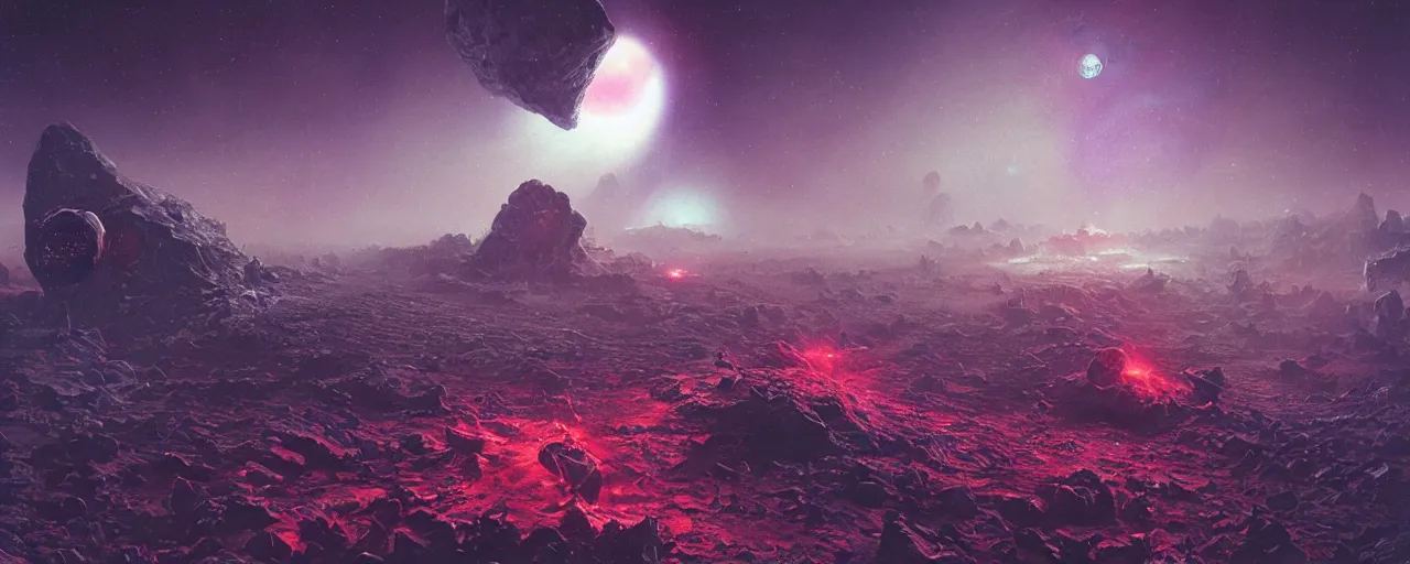 Prompt: ” asteroid made of bones and lasers, [ shards, facets, by paul lehr, cinematic, detailed, epic, widescreen, opening, establishing, mattepainting, photorealistic, realistic textures, octane render ] ”