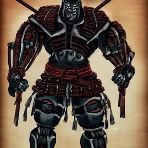 Image similar to very big very muscular very buff very strong samurai, wearing a cybernetic oni mask. The mask is cybernetic and scary. Movie still