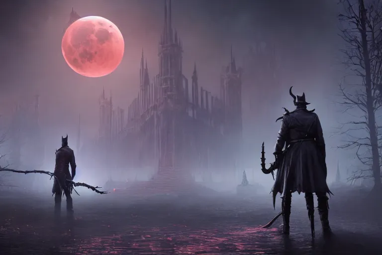 Image similar to an ultra matte painting of a big daddy in the style of bloodborne, concept art by art by john collier and albert aublet and krenz cushart, scary shadows, blood moon eclipse, octane render, liminal space