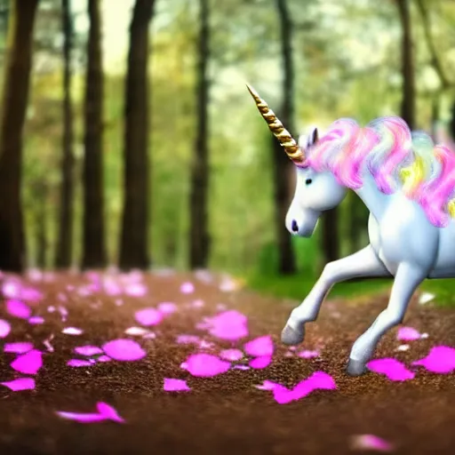 Prompt: a unicorn with a glowing horn, galloping, dreamy, mysterious, sakura petals, forest, extreme bokeh, found footage