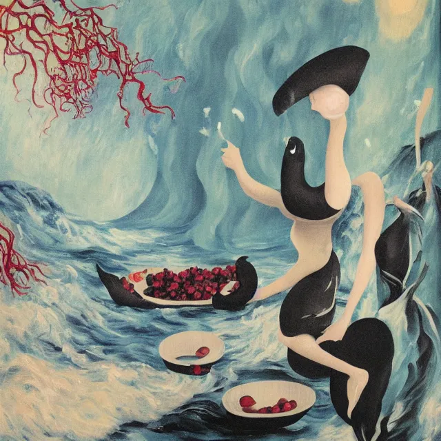 Image similar to tall female artist holding art supplies in her flooded kitchen, pomegranates, octopus, water gushing from ceiling, painting of flood waters inside an artist's apartment, a river flooding indoors, candles, ikebana, zen, rapids, waterfall, black swans, canoe, berries, acrylic on canvas, surrealist, by magritte and monet