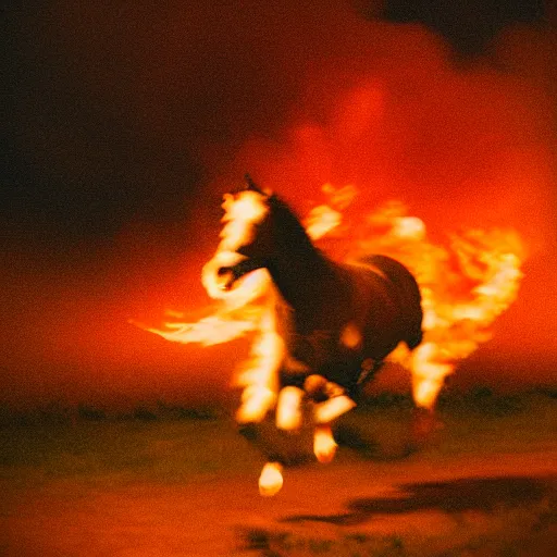 Prompt: analog photograph of a running horse on fire, big smoke clouds visible, flames, sparks, film grain, depth of field, bokeh, color bleed