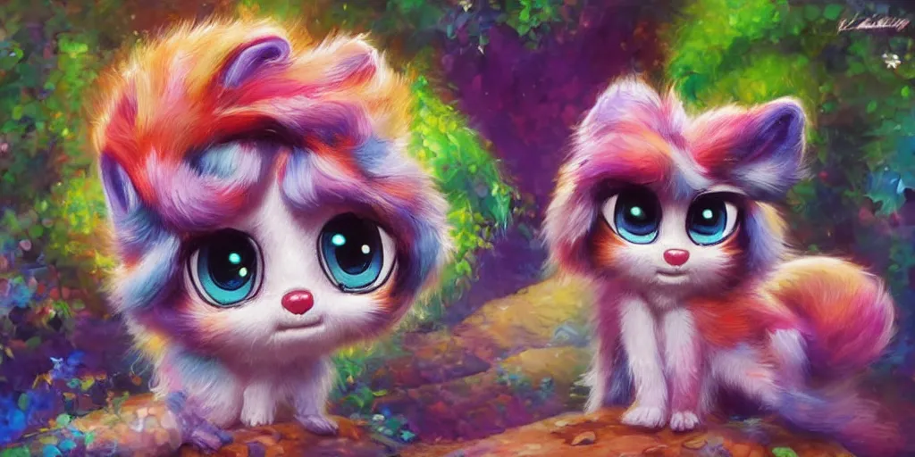 Image similar to 3d Littlest Pet Shop colorful animal, forest, realistic fur, glitter, master painter and art style of Noel Coypel, art of Émile Eisman-Semenowsky, art of Édouard Bisson