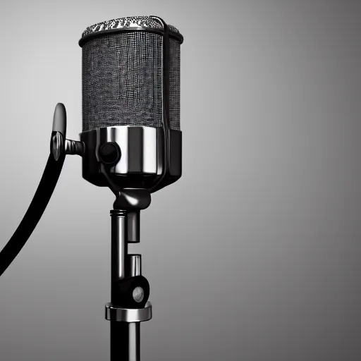 Image similar to 3 d render of stainless steel retro microphone on the black onyx stand, octane render, corona render, unreal engine, realistic render,